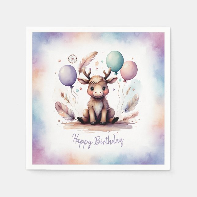 Cute Watercolor Moose with Balloons Birthday  Serviette (Vorderseite)