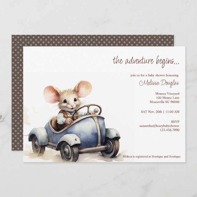 Cute Watercolor Mouse in Blue Car Baby Shower Einladung (Vorne/Hinten)