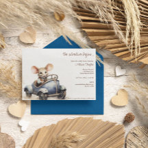 Cute Watercolor Mouse in Blue Car Baby Shower