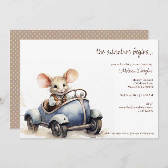 Cute Watercolor Mouse in Blue Car Baby Shower Einladung (Vorne/Hinten)