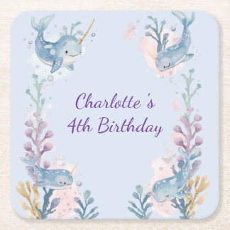 Cute Watercolor Narwhal Whale fish Seamless Sea Rechteckiger Pappuntersetzer