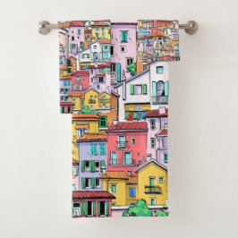 Cute watercolor pattern of houses in multicolor badhandtuch set