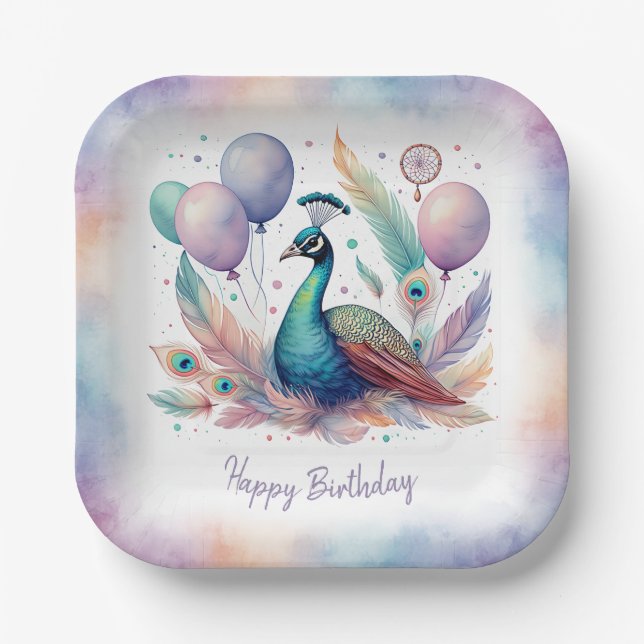 Cute Watercolor Peacock Balloons Birthday  Pappteller (Vorderseite)