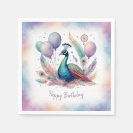 Cute Watercolor Peacock Balloons Birthday Serviette