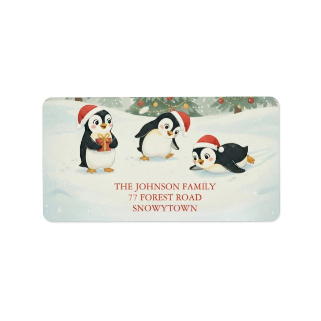 Cute Watercolor Penguins Christmas Forest Adressaufkleber (Vorne)