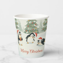 Cute Watercolor Penguins Christmas Forest Pappbecher