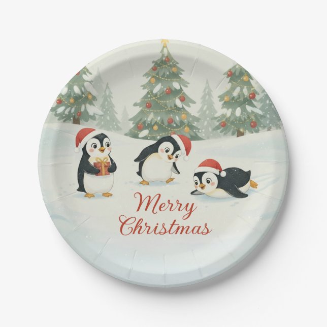 Cute Watercolor Penguins Christmas Forest Pappteller (Vorderseite)