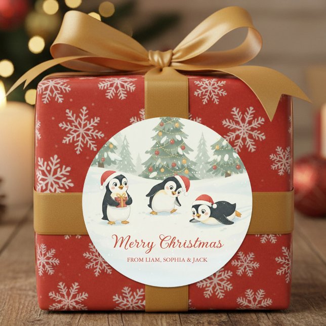 Cute Watercolor Penguins Christmas Forest Runder Aufkleber (Von Creator hochgeladen)