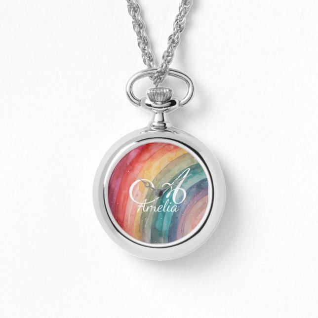Cute Watercolor Personalized Rainbow Necklace   Armbanduhr (Vorderseite)