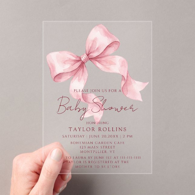 Cute Watercolor Pink Bow Baby Shower Invitation Acryleinladungen (Insitu (Handheld))