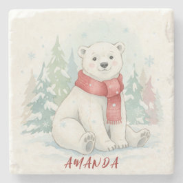 Cute watercolor Polar Bear Winter  Steinuntersetzer