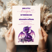 Cute Watercolor Purple Dragon 1st Birthday