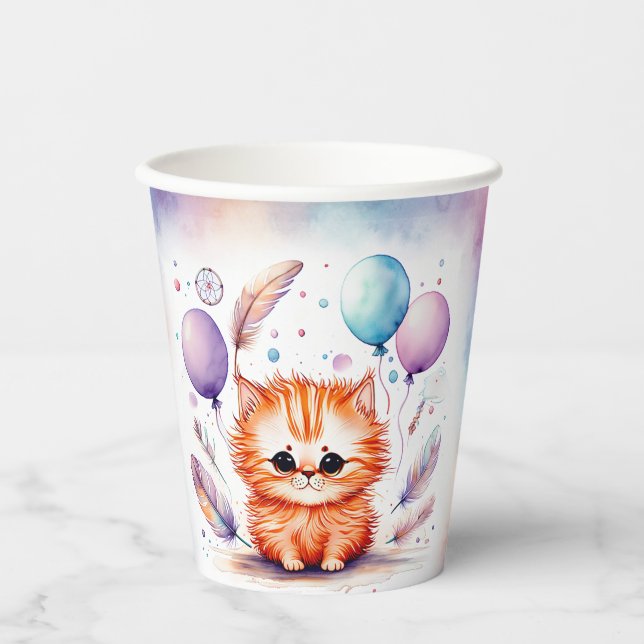 Cute Watercolor Red Kitten Balloons Birthday  Pappbecher (Vorderseite)