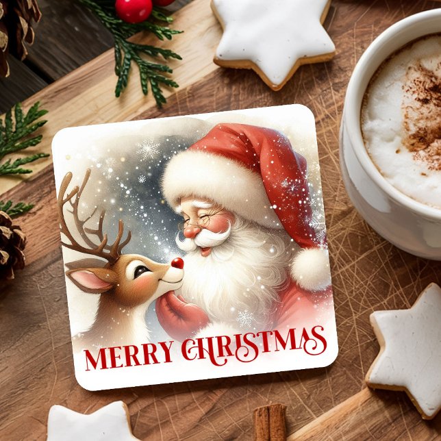 Cute Watercolor Santa Rudolph Christmas Coasters Rechteckiger Pappuntersetzer (Cute Watercolor Santa Rudolph Christmas Coasters)