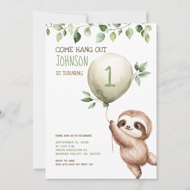 Cute Watercolor Sloth Kids Birthday Party  Einladung (Vorderseite)