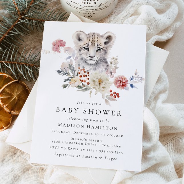 Cute Watercolor Snow Leopard Winter Baby Shower Einladung (Von Creator hochgeladen)