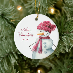 Cute Watercolor Snowman Personalized Girl's Name Keramik Ornament