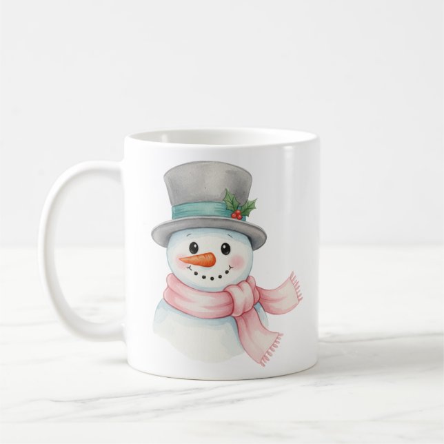 Cute Watercolor Snowman with Pink Scarf Holiday Kaffeetasse (Links)