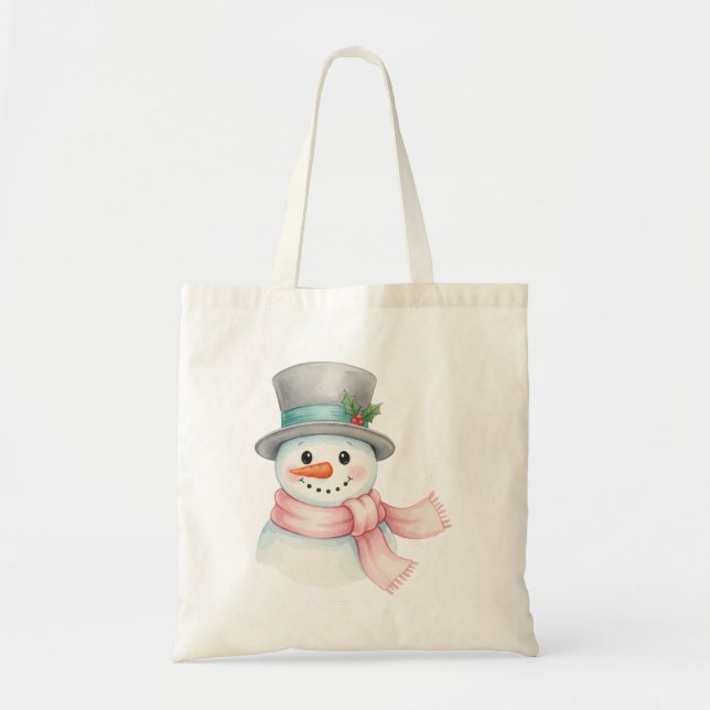 Cute Watercolor Snowman with Pink Scarf Holiday Tragetasche (Vorne)