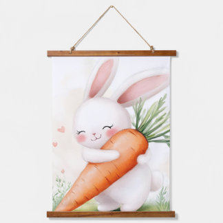 Cute Watercolor Spring Bunny Carrot Wandteppich Mit Holzrahmen