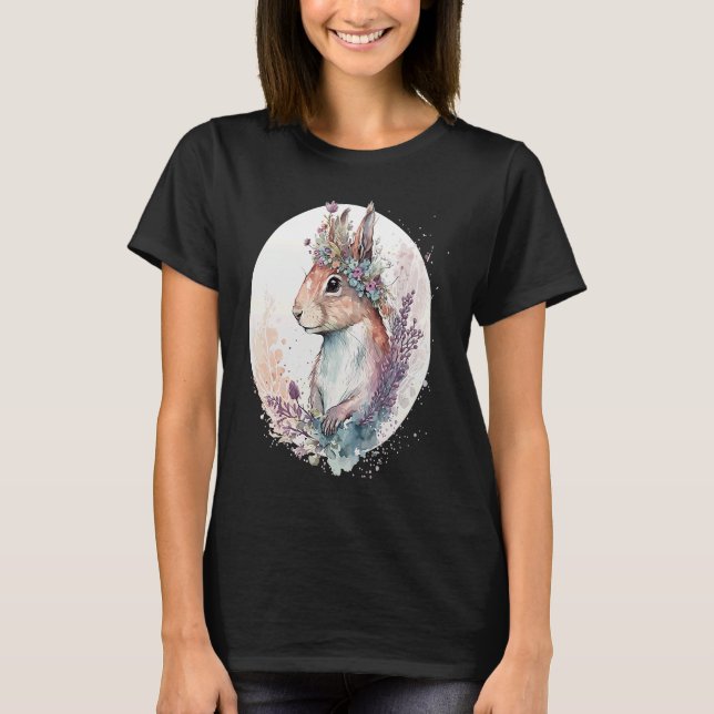 Cute Watercolor Squirrel Flower Crown Animal T-Shirt (Vorderseite)