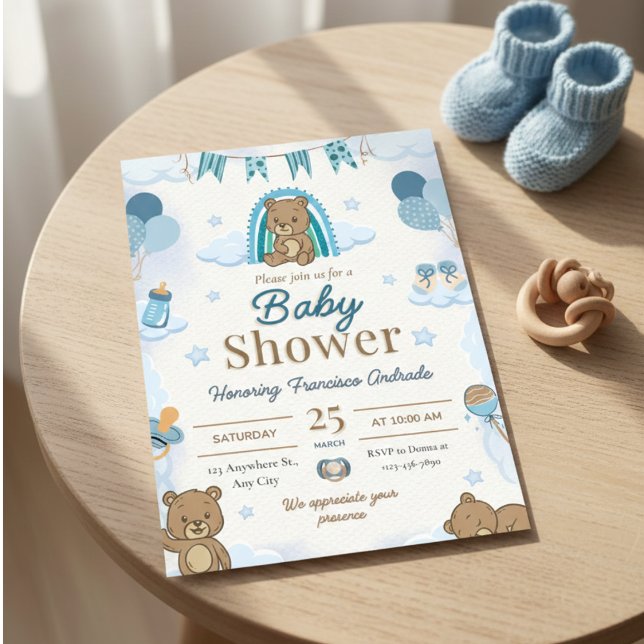 Cute Watercolor Teddy Bear Baby Shower Invitation Einladung (Von Creator hochgeladen)