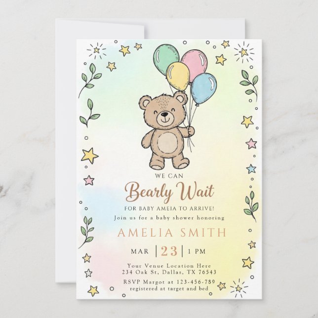 Cute Watercolor Teddy bear Illustration babyshower Einladung (Vorderseite)