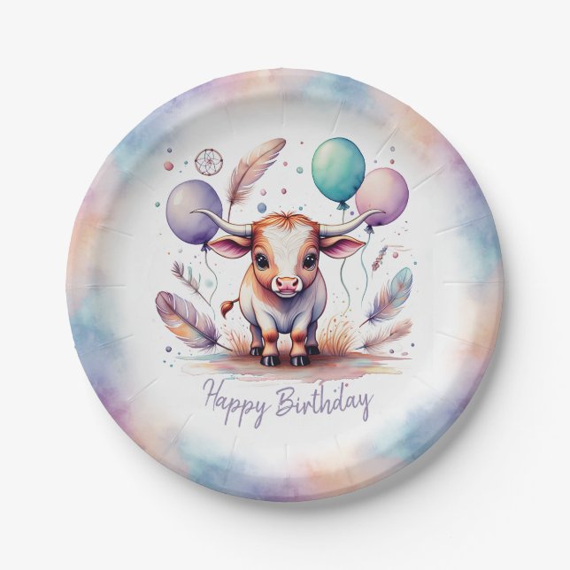 Cute Watercolor Texas Longhorn Balloons Birthday  Pappteller (Vorderseite)