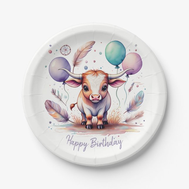Cute Watercolor Texas Longhorn Balloons Birthday  Pappteller (Vorderseite)