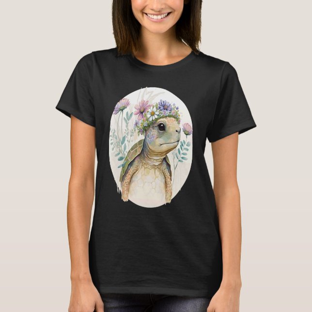 Cute Watercolor Turtle Flower Crown Sea Animal T-Shirt (Vorderseite)