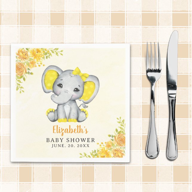 Cute Watercolor Yellow Elephant Baby shower Girl Serviette (Von Creator hochgeladen)