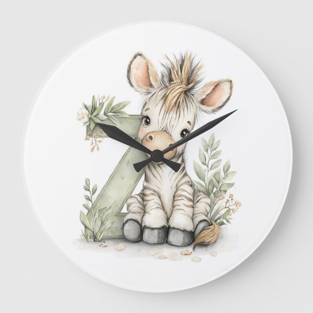 Cute watercolour baby animal alphabet Zebra Große Wanduhr (Vorderseite)