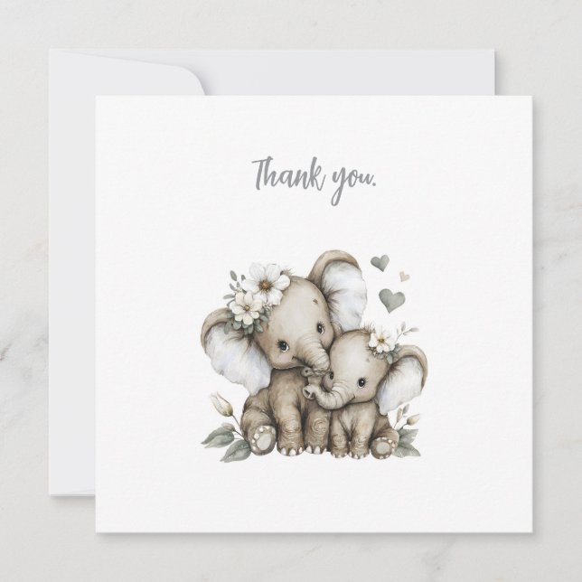 Cute Watercolour Baby Girl Elephants with Flowers  Dankeskarte (Vorderseite)