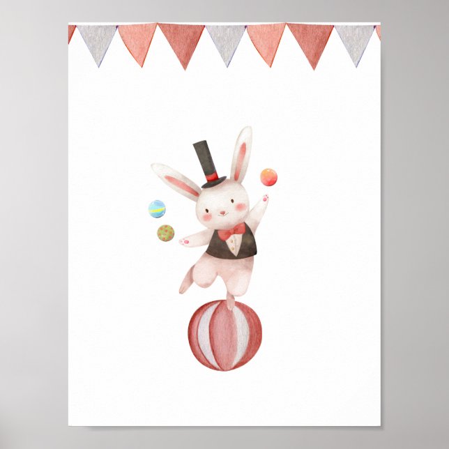 Cute Watercolour Circus Juggling Rabbit Nursery Poster (Vorne)