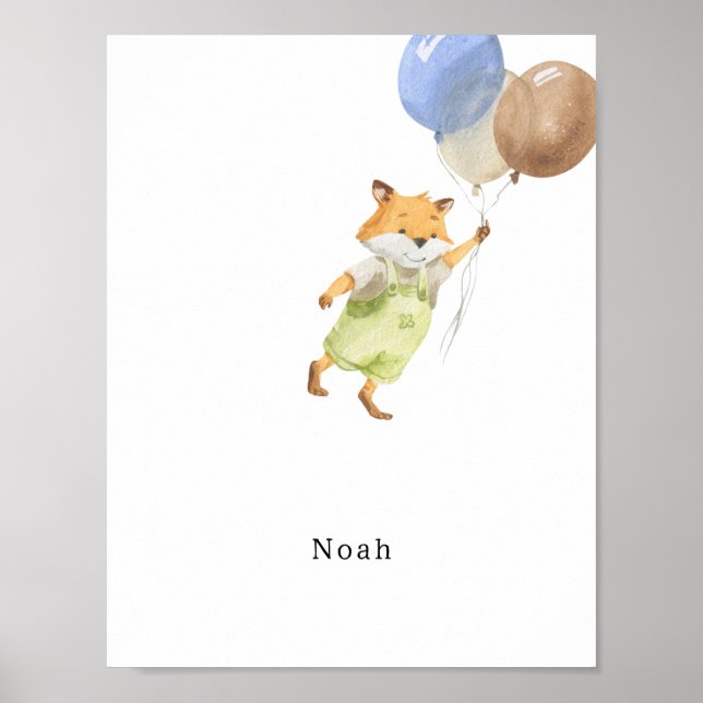 Cute Watercolour Fox With Balloons Name Poster (Vorne)