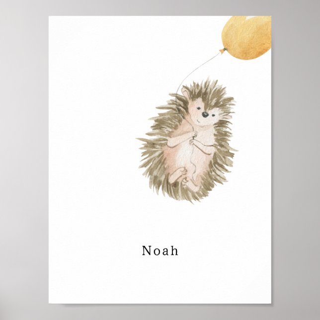 Cute Watercolour Hedgehog With Balloon Name Poster (Vorne)