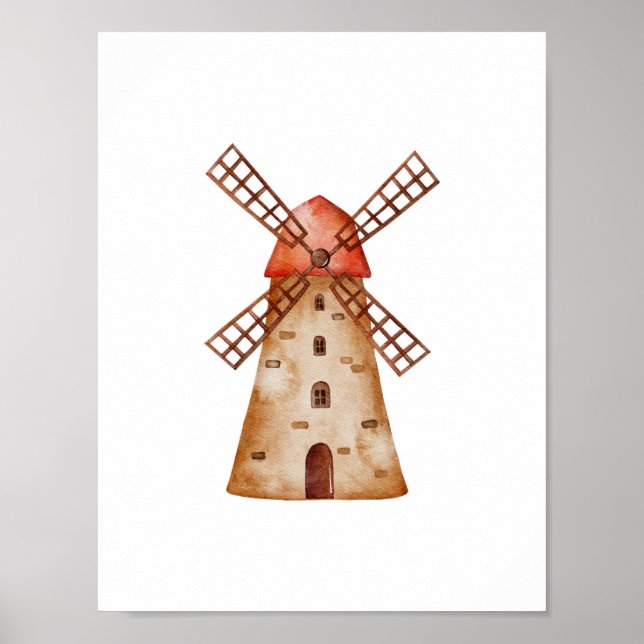 Cute Watercolour Mill Farm Windmill Poster (Vorne)