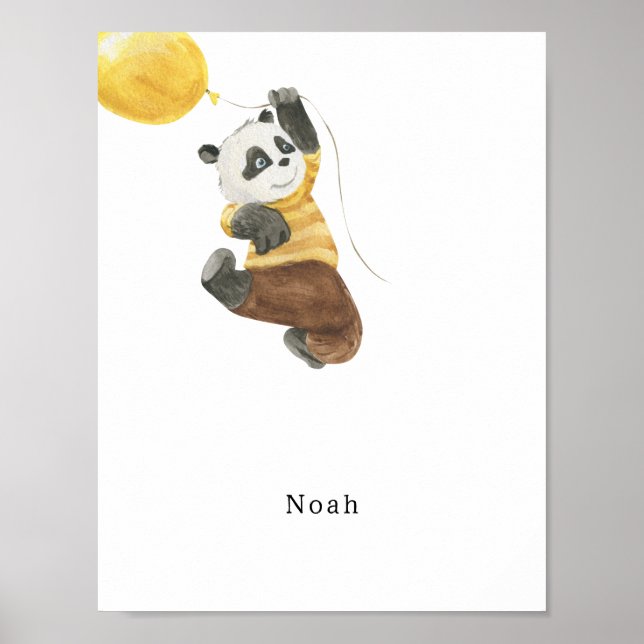Cute Watercolour Panda With Balloon Name Poster (Vorne)