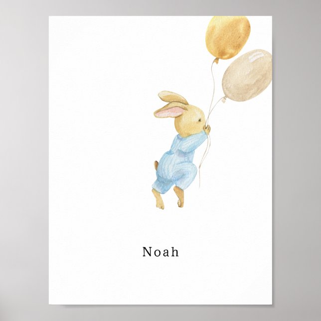 Cute Watercolour Rabbit With Balloons Name Poster (Vorne)