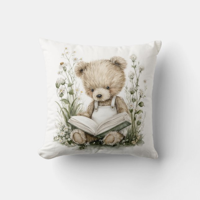 Cute Watercolour Teddy Bear reading a book Kissen (Vorderseite)