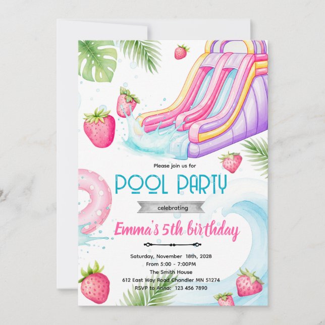 Cute waterslide strawberry pool invite einladung (Vorderseite)