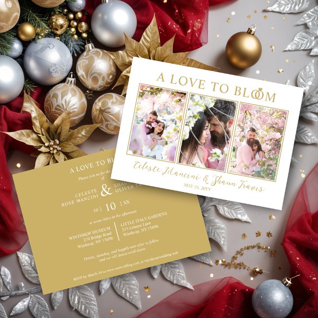 Cute Wedding Rings Luxurious 3 Multi Photos  Einladung (Cute Wedding Rings Luxurious 3 Multi Photos in Fake Gold Invitations Cards.)