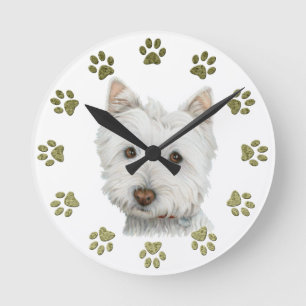 Cute Westie Dog Art and Paws Runde Wanduhr