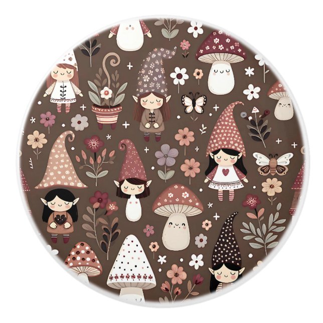Cute Whimsical Brown Fairy Gnome Elves Keramikknauf (Vorderseite)