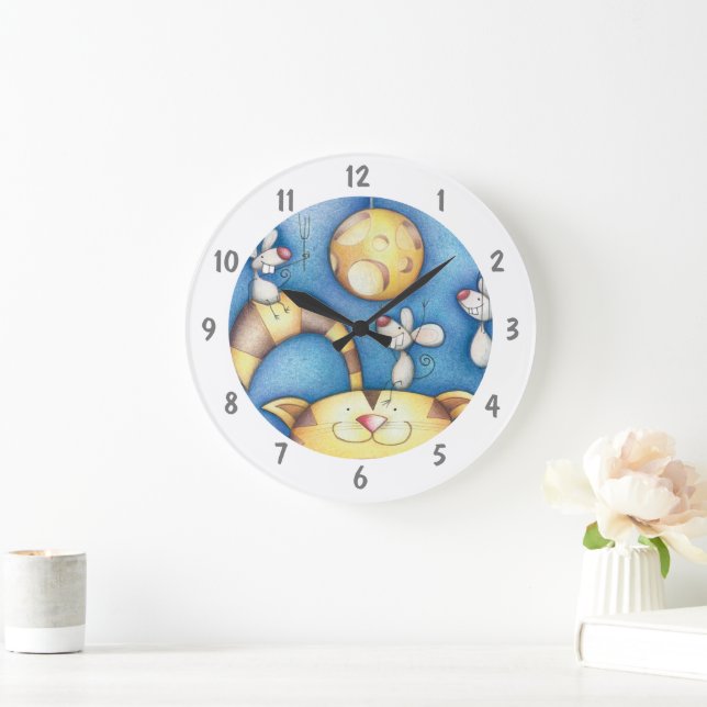 Cute Whimsical Cat and Mouse Moon Art Große Wanduhr (Zuhause)