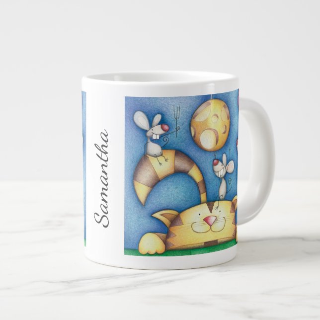 Cute Whimsical Cat and Mouse Moon Art Personalised Jumbo-Tasse (Vorderseite Rechts)