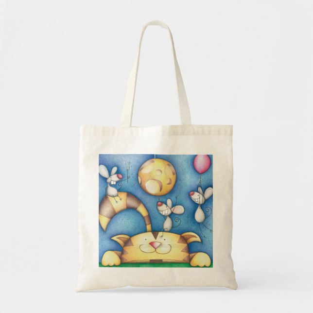 Cute Whimsical Cat and Mouse Moon Art Tragetasche (Vorne)