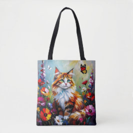 Cute Whimsical  Cat, Flowers and Butterflies