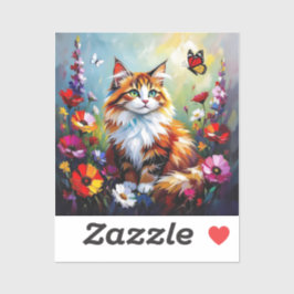 Cute Whimsical  Cat, Flowers and Butterflies Aufkleber