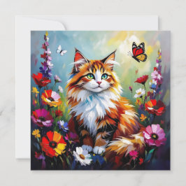 Cute Whimsical  Cat, Flowers and Butterflies Karte